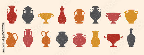 Textured ceramics vase silhouette set. Ancient amphora, greek antiques vases. Different old pottery and vessels, clay pitchers, jug. Creative decor flat vases shapes 