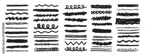 Chalk lines and squiggles, underlines hand drawn doodle thick line border, swoosh. Textured crayon brush scribble strokes
