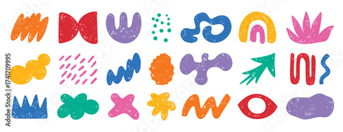 colorful doodle abstract shapes. Naive elements noisy drawing texture. Abstract creative figure, grunge brushes. silhouette trendy quirky graphic