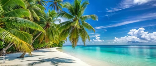 Tropical paradise beach with lush green palm trees swaying gently over pristine white sand and
