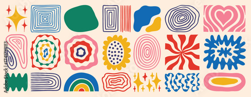 modern abstract retro vintage shapes set. Colorful hand drawn collection geometric organic elements doodle collection. 60s 70s design aesthetics