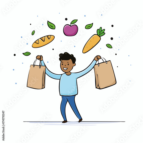 Cartoon illustration of a cheerful man holding two grocery bags with food items floating above him on a white background with a playful and carefree mood.