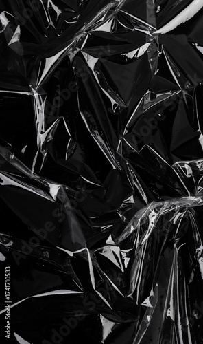 Billede på lærred Vertical texture of wrinkled plastic wrap texture on a black background