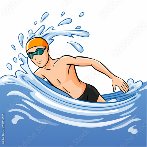 An illustration of a swimmer in the water, capturing the motion and energy of the sport. The swimmer is wearing goggles and a cap