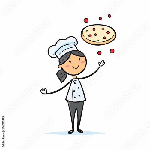 A chef is tossing a pizza in the air, creating a playful and appetizing scene