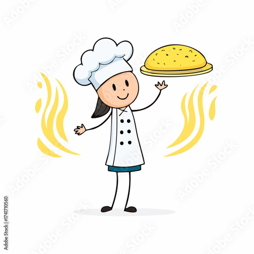 A cheerful chef proudly presenting a freshly baked golden dish. She's dressed in a traditional uniform, radiating culinary delight