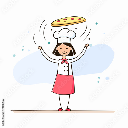 A joyful chef tossing a pizza dough in the air, creating a dynamic and appetizing scene. The chef is wearing a classic uniform, conveying culinary expertise and enthusiasm