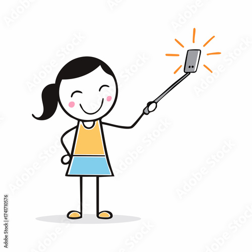 A cartoon girl is happily taking a selfie with a phone attached to a selfie stick