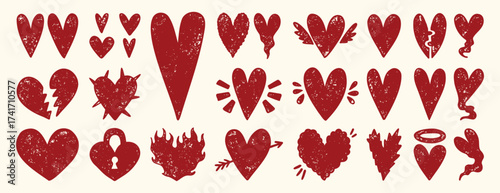 Grunge textured hearts in bold aggressive romantic style, hand drawn distressed red or pink love symbols