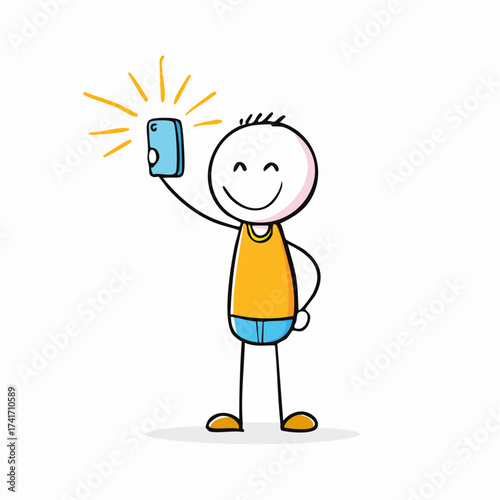 A cartoon figure cheerfully taking a selfie with a bright, shining flash. The image exudes a sense of simple joy and modern communication.