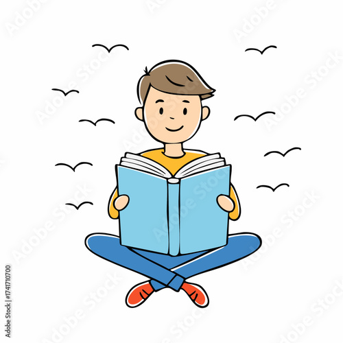 A young person absorbed in reading a book, lost in the world of stories. Surrounding them are several birds, symbolizing freedom and the expansive nature of imagination