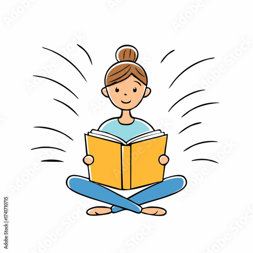 A woman reading a book. She is sitting with her legs crossed and a book in her hands. Illustration captures the simple joy of reading