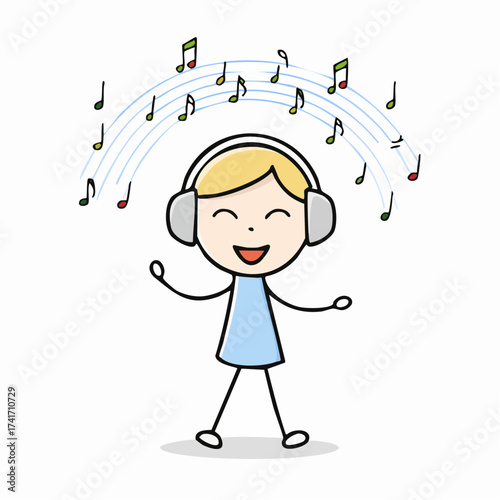 A stick figure of a person listening to music with headphones, surrounded by musical notes. The person is smiling and enjoying the music