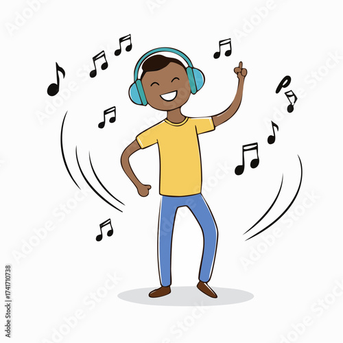 A joyful individual is dancing and listening to music through headphones, surrounded by musical notes