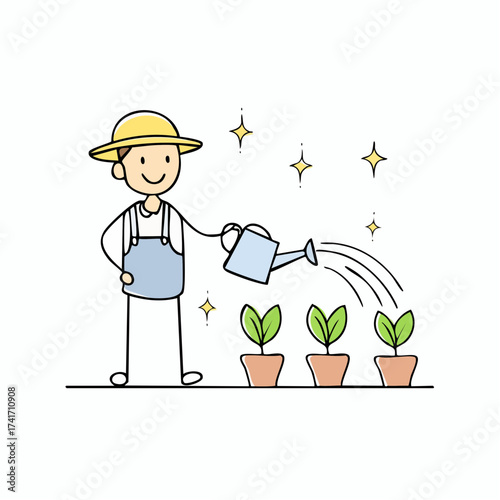 An illustration of a person watering young plants in pots