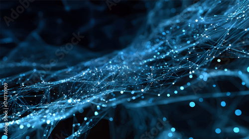 Futuristic vibrant abstract digital network background with radial burst of light and energy emanating. Blue, purple, and orange light beams radiate and glowing particles effects. 3D illustration