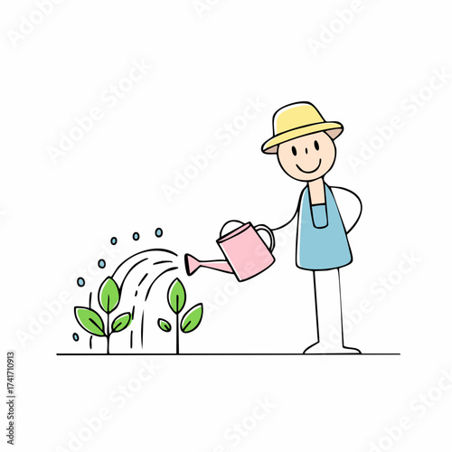 A cheerful farmer watering young plants with a watering can, ensuring their healthy growth