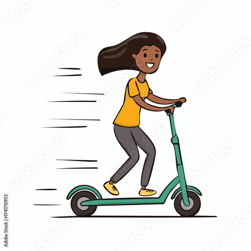 A person riding a scooter on a sunny day, captured in a delightful illustration