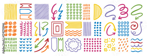Colorful doodle design elements set, arrows, dots, lines and textures for creative 