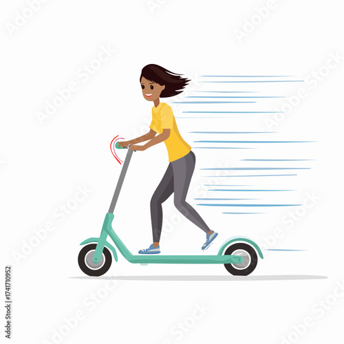 A woman is joyfully riding an electric scooter