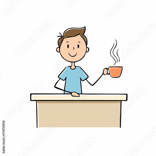 A cartoon man smiling and holding a steaming mug, appearing to be at a desk