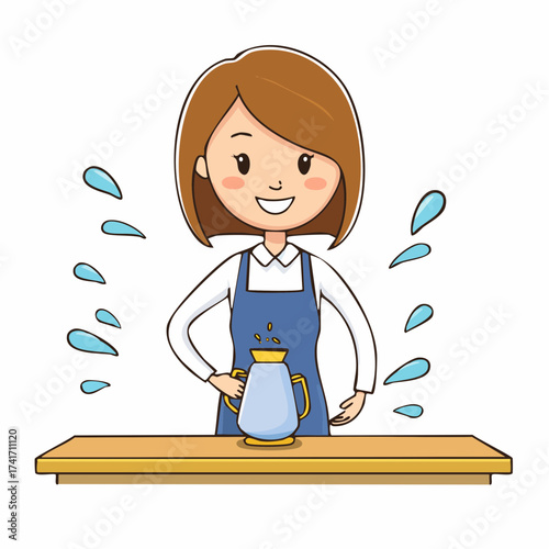 A cheerful woman pouring liquid from a pitcher. Water drops splash around the scene, suggesting freshness and activity
