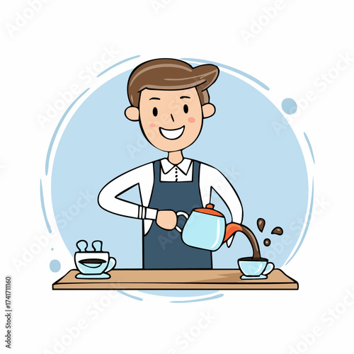 A barista is pouring coffee from a kettle to a cup, with a cup on the left