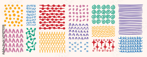 abstract pattern backgrounds and sketch dots texture with lines, stars, dots and circles. Hand drawn doodle colorful cute textures.