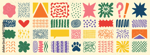 Retro shapes elements set. Abstract paw, star, flower, shapes and stickers. Groovy funky bubble, star, print, lines, waves. Trendy retro 60s, 70s or 90s cartoon colorful style. 