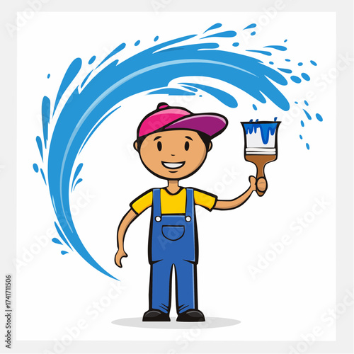 A cheerful cartoon boy in a pink cap and blue overalls holding a paintbrush with blue paint against a white background with a blue brush stroke.