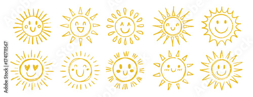 Chalk grunge cute sun with crayon, pastel texture set. Doodle happy sun with smile for kids. yellow summer illustration hand drawn style.