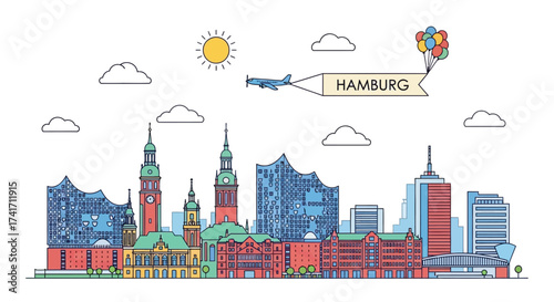 Colorful illustration of the Hamburg skyline with iconic buildings and a banner in the sky