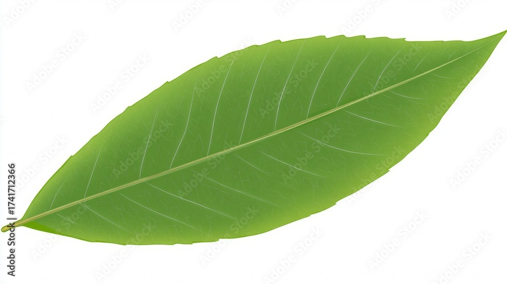 Fototapeta premium A single vibrant green leaf with prominent veins isolated on a clean white background, showcasing its natural texture.