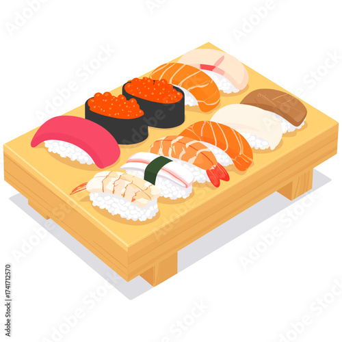 Colorful sushi assortment on wooden geta platter symbolizing harmony, freshness, and joy in Japanese cuisine	