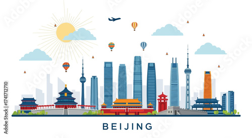 Vector illustration of the Beijing, China skyline with famous landmarks, modern skyscrapers, and traditional architecture under a sunny sky.