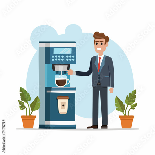 A cheerful businessman in a suit using a coffee machine with potted plants on either side against a light blue background.