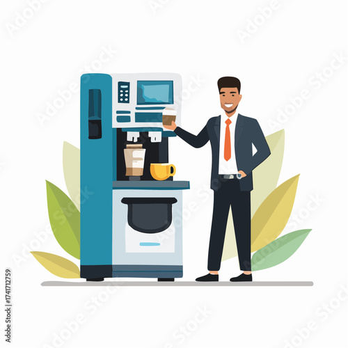 Illustration of a businessman standing beside a modern coffee vending machine with a cup in hand, wearing a blue suit and orange tie, against a white background with green leaves.