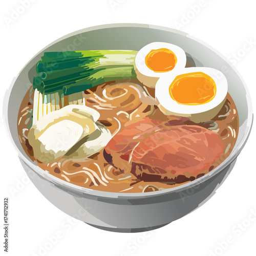 Steaming Japanese miso soy tonkotsu ramen with shining pork and eggs symbolizing harmony, warmth, and joy
