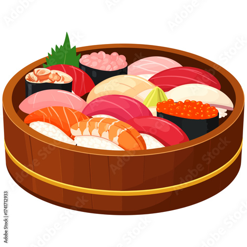 Vibrant sushi assortment in round wooden tub symbolizing harmony, freshness, and prosperity in Japanese dining culture
