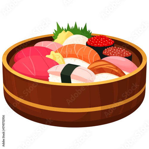 Vibrant sushi assortment in round wooden tub symbolizing harmony, freshness, and prosperity in Japanese dining culture

