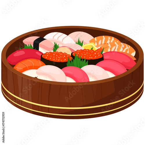 Vibrant sushi assortment in round wooden tub symbolizing harmony, freshness, and prosperity in Japanese dining culture
