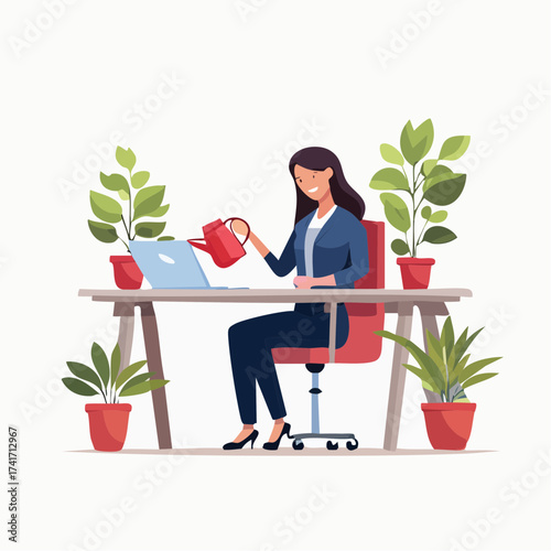 Businesswoman sitting at a desk with a laptop, watering plants with a red watering can, surrounded by potted greenery on a white background.