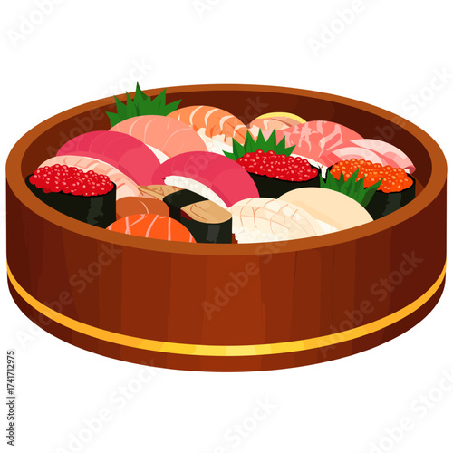 Vibrant sushi assortment in round wooden tub symbolizing harmony, freshness, and prosperity in Japanese dining culture
