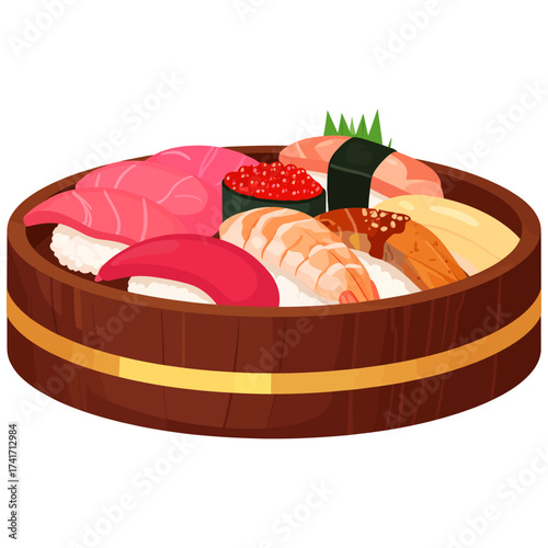 Vibrant sushi assortment in round wooden tub symbolizing harmony, freshness, and prosperity in Japanese dining culture
