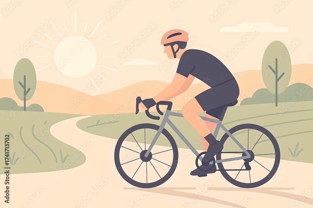 Fototapeta premium Ai Generated :Cyclist Riding Through Scenic Landscape at Sunrise on Winding Path