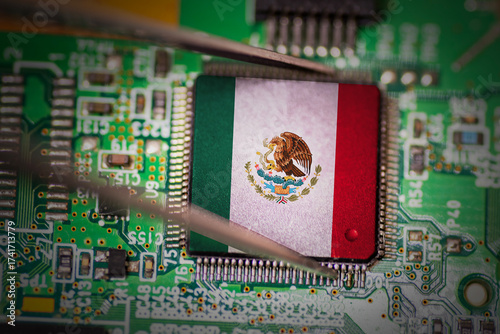 Flag of Mexico on a processor, CPU or GPU microchip on a PCB.