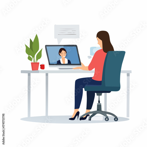 Illustration of a woman video conferencing on her laptop at a desk with a plant and coffee cup in a home office setting.