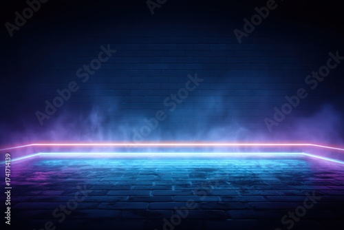 Dark, smoky stage with neon lights against a brick wall, creating a cyberpunk aesthetic