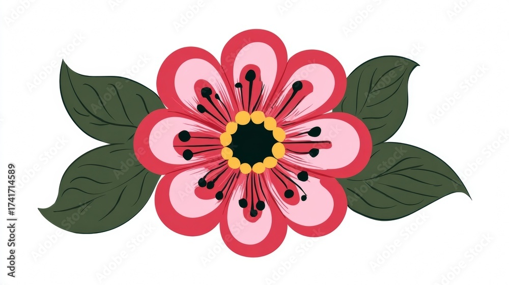 Obraz premium Illustration of a flower with pink petals, dark green leaves, and a black and yellow center.