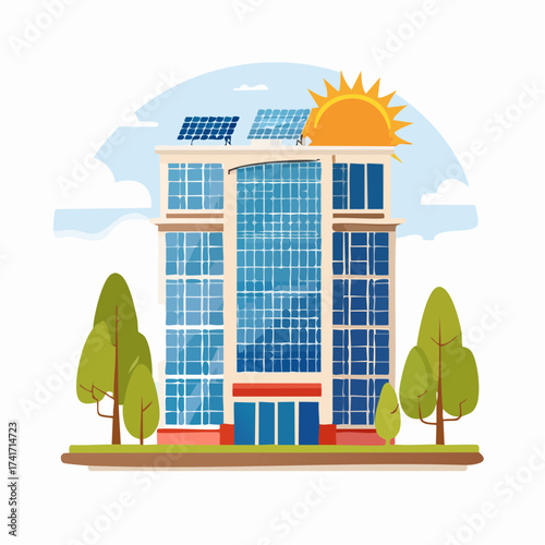 Green Building with Solar Panels: A modern green building featuring solar panels and sun, symbolizing sustainable architecture, environmental responsibility, and a brighter future.